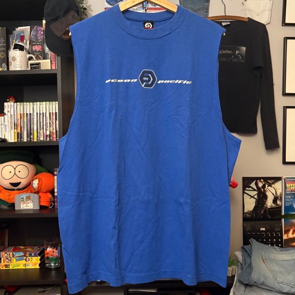 Vtg 90s Ocean Pacific Mens Blue Graphic Sleeveless Tee Shirt Large OP Surf